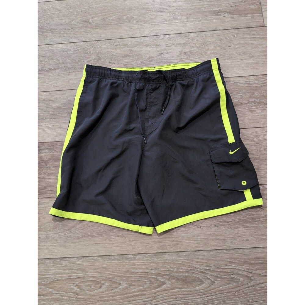 VINTAGE NIKE MESH LINED SWIM TRUNKS BLACK/HI-VIZ GREEN Y2K SIDE POCKETS MENS L